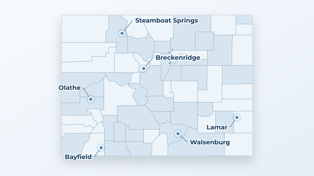 Accurate Colorado land service area map with county boundaries and major city labels